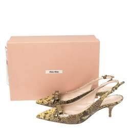 Pre Owned Miu Miu Green/Yellow Snakeskin Embossed Patent Bow Pointed Toe Slingback Sandals Size 38