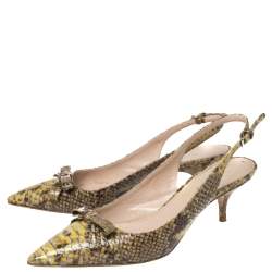 Pre Owned Miu Miu Green/Yellow Snakeskin Embossed Patent Bow Pointed Toe Slingback Sandals Size 38