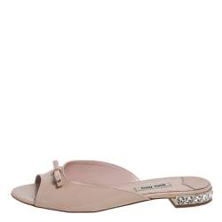 Pre Owned Miu Miu Beige Patent Leather Bow Crystal Embellished Flat Slides Size 37