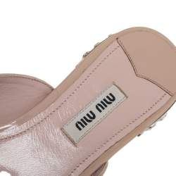 Pre Owned Miu Miu Beige Patent Leather Bow Crystal Embellished Flat Slides Size 37
