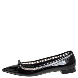 Pre Owned Miu Miu Black Patent Leather Crystal Embellished Pointed Toe Ballet Flats Size 36.5