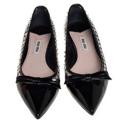 Pre Owned Miu Miu Black Patent Leather Crystal Embellished Pointed Toe Ballet Flats Size 36.5