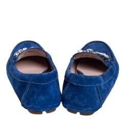 مملوكة مسبقًا Miu Miu Blue Suede Crystal Embellished Slip On Loafers Size 39.5