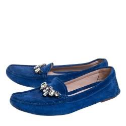 مملوكة مسبقًا Miu Miu Blue Suede Crystal Embellished Slip On Loafers Size 39.5