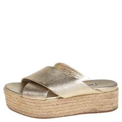 Miu Miu Metallic Gold Textured Leather Criss Cross Platform Espadrilles Size 38