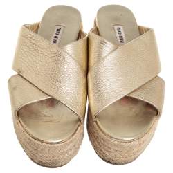 Miu Miu Metallic Gold Textured Leather Criss Cross Platform Espadrilles Size 38