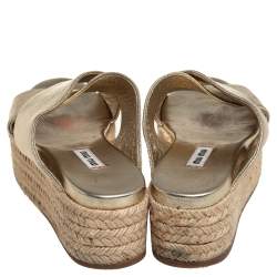 Miu Miu Metallic Gold Textured Leather Criss Cross Platform Espadrilles Size 38