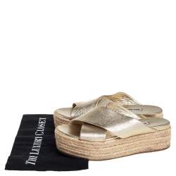 Miu Miu Metallic Gold Textured Leather Criss Cross Platform Espadrilles Size 38
