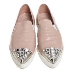 Pre Owned Miu Miu Beige Patent Leather Crystal Embellished Cap Toe Slip On Sneakers Size 38.5