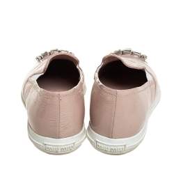 Pre Owned Miu Miu Beige Patent Leather Crystal Embellished Cap Toe Slip On Sneakers Size 38.5