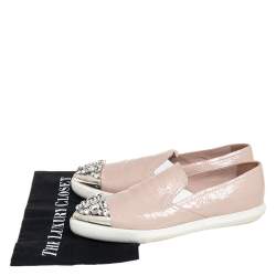 Pre Owned Miu Miu Beige Patent Leather Crystal Embellished Cap Toe Slip On Sneakers Size 38.5