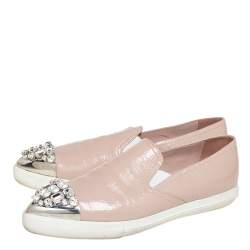 Pre Owned Miu Miu Beige Patent Leather Crystal Embellished Cap Toe Slip On Sneakers Size 38.5