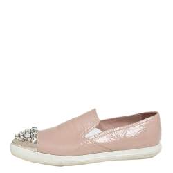 Pre Owned Miu Miu Beige Patent Leather Crystal Embellished Cap Toe Slip On Sneakers Size 38.5