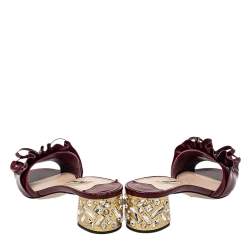 Miu Miu Burgundy Ruffle Patent Leather Crystal Embellished Slide Sandals Size 38.5