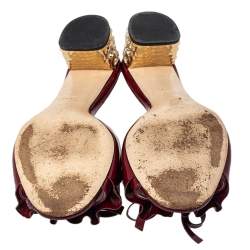 Miu Miu Burgundy Ruffle Patent Leather Crystal Embellished Slide Sandals Size 38.5