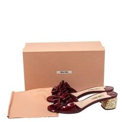 Miu Miu Burgundy Ruffle Patent Leather Crystal Embellished Slide Sandals Size 38.5