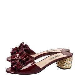 Miu Miu Burgundy Ruffle Patent Leather Crystal Embellished Slide Sandals Size 38.5