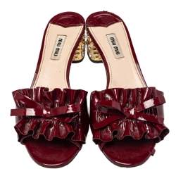 Miu Miu Burgundy Ruffle Patent Leather Crystal Embellished Slide Sandals Size 38.5