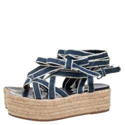Miu Miu Blue/White Denim Wrap Around Flat Sandals Size 34.5