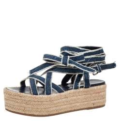 Miu Miu Blue/White Denim Wrap Around Flat Sandals Size 34.5