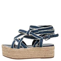 Miu Miu Blue/White Denim Wrap Around Flat Sandals Size 34.5
