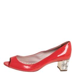 Miu Miu Orange Patent Leather Crystal Embellished Block Heel Peep Toe Pumps Size 38.5