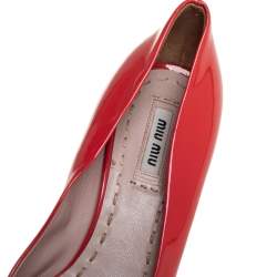 Miu Miu Orange Patent Leather Crystal Embellished Block Heel Peep Toe Pumps Size 38.5