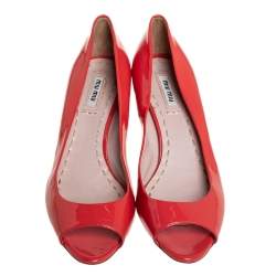 Miu Miu Orange Patent Leather Crystal Embellished Block Heel Peep Toe Pumps Size 38.5