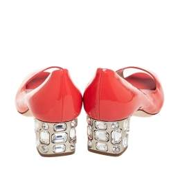 Miu Miu Orange Patent Leather Crystal Embellished Block Heel Peep Toe Pumps Size 38.5