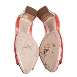 Miu Miu Orange Patent Leather Crystal Embellished Block Heel Peep Toe Pumps Size 38.5