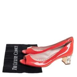Miu Miu Orange Patent Leather Crystal Embellished Block Heel Peep Toe Pumps Size 38.5