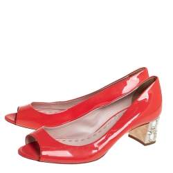 Miu Miu Orange Patent Leather Crystal Embellished Block Heel Peep Toe Pumps Size 38.5
