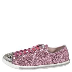 Pre Owned Miu Miu Pink Glitter Low Top Sneakers Size 39
