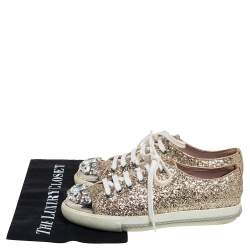 Pre Owned Miu Miu Gold Glitter Crystal Embellished Metal Cap Toe Low Top Sneakers Size 37