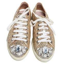 Pre Owned Miu Miu Gold Glitter Crystal Embellished Metal Cap Toe Low Top Sneakers Size 37