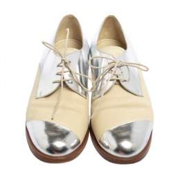 Miu Miu Metallic Sliver And Beige Patent And Leather Oxfords Size 38