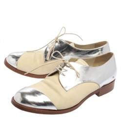 Miu Miu Metallic Sliver And Beige Patent And Leather Oxfords Size 38