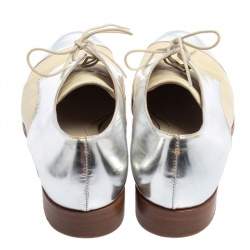 Miu Miu Metallic Sliver And Beige Patent And Leather Oxfords Size 38