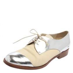 Miu Miu Metallic Sliver And Beige Patent And Leather Oxfords Size 38