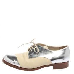 Miu Miu Metallic Sliver And Beige Patent And Leather Oxfords Size 38