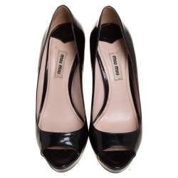 Miu Miu Black Patent Leather Open Toe Platform Pumps Size 37