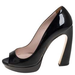 Miu Miu Black Patent Leather Open Toe Platform Pumps Size 37