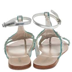 Pre Owned صندل فلات ميو ميو سير كاحل جلد وغليتر فضي مزخرف كريستال مقاس 38 