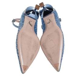 Pre Owned Miu Miu Blue Glitter Crystal Embellished Ankle Strap Pointed Toe Pumps Size 39
