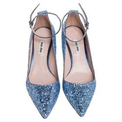 Pre Owned Miu Miu Blue Glitter Crystal Embellished Ankle Strap Pointed Toe Pumps Size 39