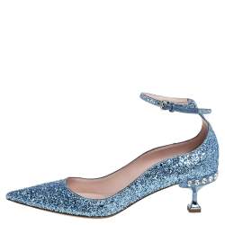 Pre Owned Miu Miu Blue Glitter Crystal Embellished Ankle Strap Pointed Toe Pumps Size 39