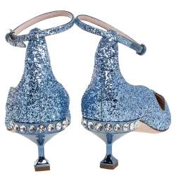 Pre Owned Miu Miu Blue Glitter Crystal Embellished Ankle Strap Pointed Toe Pumps Size 39