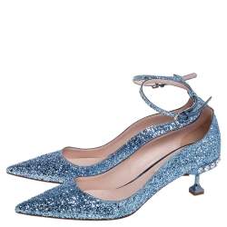 Pre Owned Miu Miu Blue Glitter Crystal Embellished Ankle Strap Pointed Toe Pumps Size 39