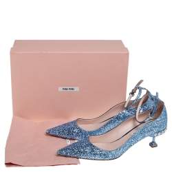 Pre Owned Miu Miu Blue Glitter Crystal Embellished Ankle Strap Pointed Toe Pumps Size 39