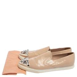 Miu Miu Beige Patent Embellished Cap Toe Slip On Sneakers Size 38